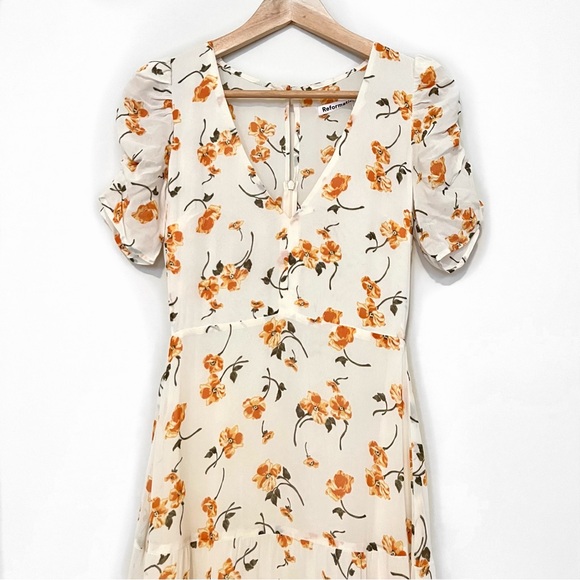 Reformation Cosa Floral V Neck Short Sleeve Midi Dress in Yellow Limonada - Picture 10 of 16